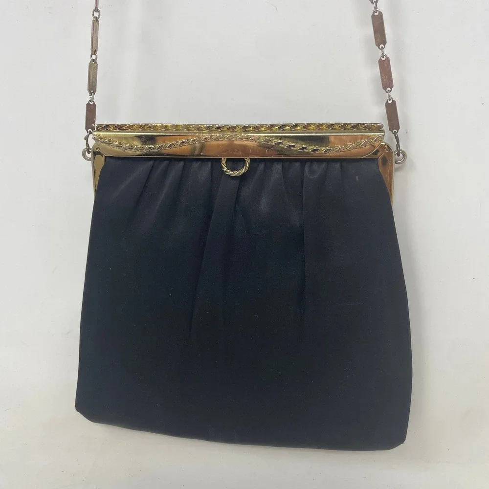 Vintage HL USA Black Satin Evening Bag Gold Frame Chain Shoulder Clutch Bag